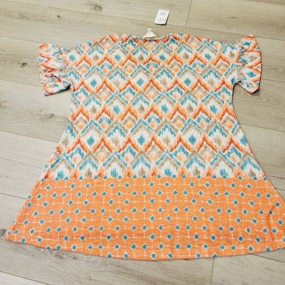 Womens Weekend Suzanne Betro Tribal Print Size M Top Shirt Tunic Orange Blue - Picture 4 of 4